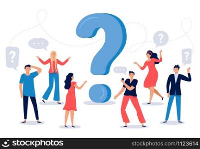 People ask question. Confused person asking questions, crowd finding answers and question sign vector illustration. Collective brainstorm, mutual assistance concept. Public problem solution platform. People ask question. Confused person asking questions, crowd finding answers and question sign vector illustration. Collective brainstorm, mutual assistance concept. Public problem solution service