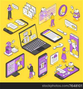 People asking computer and smartphone chatbot for help isometric icons set isolated on yellow background vector illustration