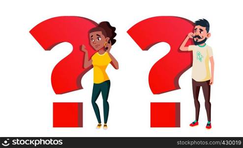 People Asking Question Vector Cartoon Characters Set. Question Mark Symbol Isolated Clipart. Puzzled Man And Woman Talking On Mobile Phone. Confused Young Girl And Boy Doubting Flat Illustration. People Asking Question Vector Cartoon Characters Set