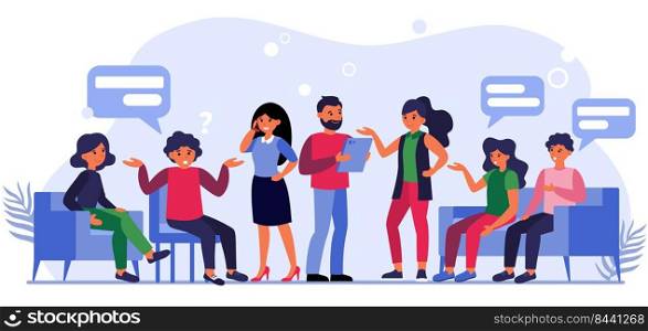 People asking questions to businesspeople. Clients sitting in lobby and talking to managers flat vector illustration. Client work concept for banner, website design or landing web page