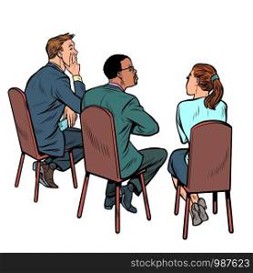 people at a business meeting. businessman and businesswoman. multi-ethnic group. Pop art retro vector illustration drawing. people at a business meeting. businessman and businesswoman. multi-ethnic group