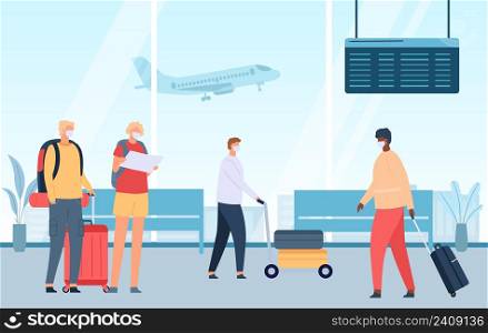 People at airport. Cartoon passengers with luggage waiting for departure in lounge with chairs. Couple with suitcase in terminal hall. Flying airplane in big window vector illustration. People at airport. Cartoon passengers with luggage waiting for departure in lounge with chairs. Couple with suitcase