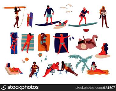 People at beach. Cartoon characters doing summer activities, surfing and swimming sunbathing. Vector outdoor vacation collection with sitting guy and girl on sun loungers. People at beach. Cartoon characters doing summer activities, surfing and swimming sunbathing. Vector outdoor vacation collection