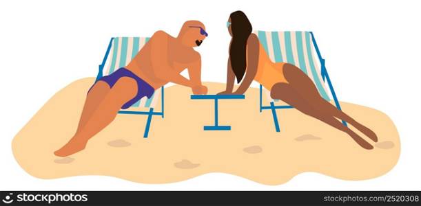 People at beach. Cartoon man and woman sitting on sun loungers and sunbathing. Isolated cute characters wear swimsuits and sunglasses. Leisure pastime on seashore. Vector flat minimalist illustration. People at beach. Cartoon man and woman sitting on sun loungers and sunbathing. Cute characters wear swimsuits and sunglasses. Leisure pastime on seashore. Vector minimalist illustration