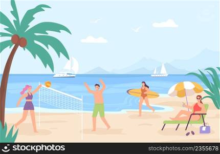People at beach. Cartoon sea landscape with characters on vacation. Man, woman playing volleyball, relaxing with cocktail under umbrella and running with surfboard. Yachts in sea vector illustration. People at beach. Cartoon sea landscape with characters on vacation. People playing volleyball, relaxing
