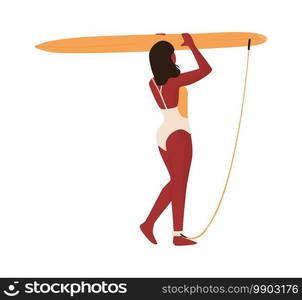 People at beach. Cartoon woman carries surfboard over head. Isolated young female wearing swimsuit. Cute surfer walking along seashore. Summer active vacation, vector minimalist flat illustration. People at beach. Cartoon woman carries surfboard over head. Isolated young female wearing swimsuit. Surfer walking along seashore. Summer active vacation, vector minimalist illustration