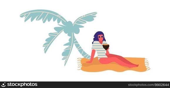 People at beach. Cartoon woman lie on sand under palm tree. Isolated young female in swimwear and sunglasses hold tropical cocktail. Rest on seaside, outdoor vacation. Vector minimalist illustration. People at beach. Cartoon woman lie on sand under palm tree. Female in swimwear and sunglasses hold tropical cocktail. Rest on seaside, outdoor vacation. Vector minimalist illustration