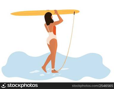 People at beach. Surfer in bikini carrying surfboard. Cartoon character doing summer active activities. Young woman surfing and swimming in sea. Sunbathing female in swimsuit. Vector outdoor vacation. People at beach. Surfer in bikini carrying surfboard. Cartoon character doing summer activities. Woman surfing and swimming in sea. Sunbathing female in swimsuit. Vector outdoor vacation