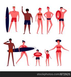 People at beach vector flat isolated icons of man with surfboard or woman in swimsuit with children for summertime holiday and lifeguard with life buoy. People at beach vector flat isolated icons