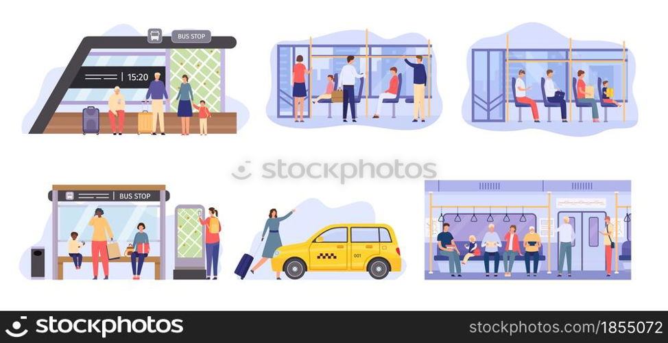 People at bus stop, crowd inside city public transport. Flat characters travel by metro train, waiting autobus or tram. Passenger vector set. Woman taking yellow cab, sitting in train