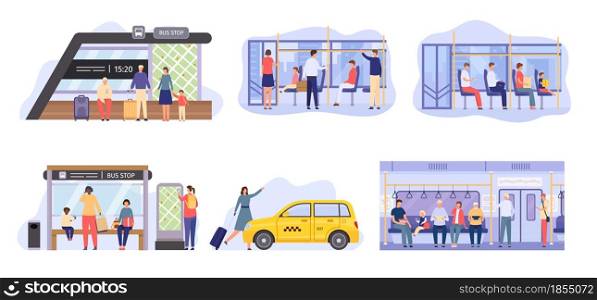People at bus stop, crowd inside city public transport. Flat characters travel by metro train, waiting autobus or tram. Passenger vector set. Woman taking yellow cab, sitting in train