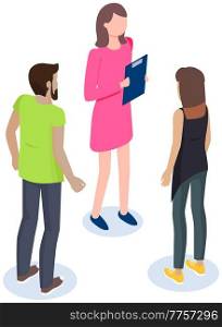 People at business meeting. Colleagues discuss company statistics and work vector illustration. Employees at meeting discussing company affairs. Girl is standing with clipboard in her hands. People at business meeting. Colleagues discuss company statistics and work vector illustration