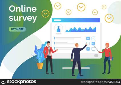 People at computer monitor with survey. Online test, coaching, e-learning. Online survey concept. Vector illustration can be used for presentation slides, web pages, layouts