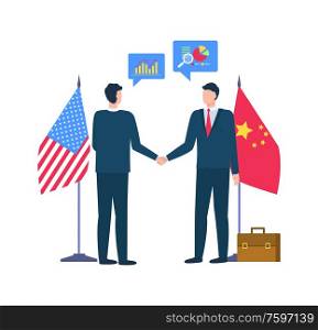 People at conference agreeing on issue vector, partners wearing formal suits, flags of China and USA, male with briefcase isolated charts schemes. People at Meeting, Partners from US and China