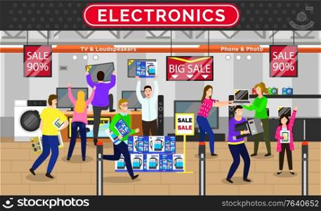 People at electronics buying appliances and devices for home. Character quarreling and arguing about purchases. Washing machine and computer, television and kettle in boxes vector illustration. Electronics Store Sale Shopping Shop with Offers