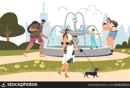 People at fountain in summer park walking have rest outdoors. Group of cartoon characters with kids and dogs enjoy fresh air in park over city skyline background. Flat vector illustration. People at fountain in summer park walking have rest outdoors. Group of cartoons with kids and pet