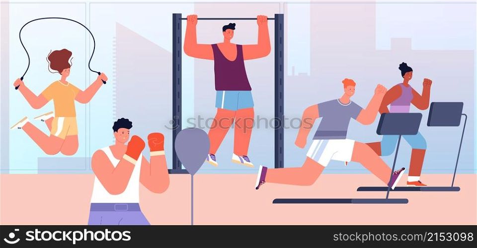 People at gym. Flat sport, healthy lifestyle person. Successful training, fitness group sporting. Cardio workout with equipment vector illustration. Fitness training gym, workout activity character. People at gym. Flat sport, healthy lifestyle person. Successful training, fitness group sporting. Cardio workout with equipment utter vector illustration