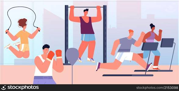 People at gym. Flat sport, healthy lifestyle person. Successful training, fitness group sporting. Cardio workout with equipment vector illustration. Fitness training gym, workout activity character. People at gym. Flat sport, healthy lifestyle person. Successful training, fitness group sporting. Cardio workout with equipment utter vector illustration