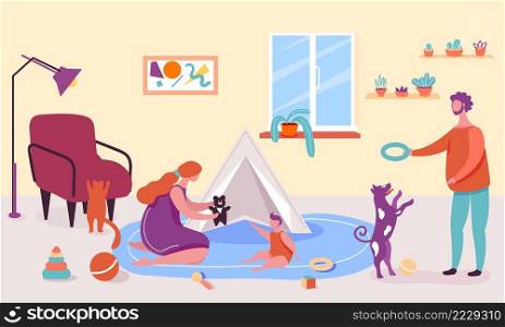 People at home. Cartoon parents spending time together with little son and dog. Mother playing with boy and bear toy. Father giving ring to pet. Happy leisure activity in room vector. People at home. Cartoon parents spending time together with little son and dog. Mother playing with boy and bear toy