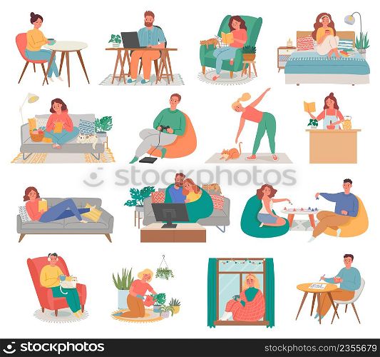 People at home. Female and male characters spending time indoors. Man and woman watching tv, playing board game, watering plants, reading book, drinking coffee. Leisure activities vector set. People at home. Female and male characters spending time indoors. Man and woman watching tv, playing board game
