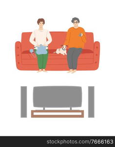 People at home relaxing evening from work vector, man and woman watching tv set looking at plasma, male sitting with. Couple Watching Films at Home Cinema Center Set