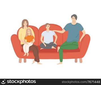 People at home vector, family spending time together isolated woman and man with children. Mother holding daughter and father talking to son isolated. Father and Mother, Son and Daughter at Home Vector