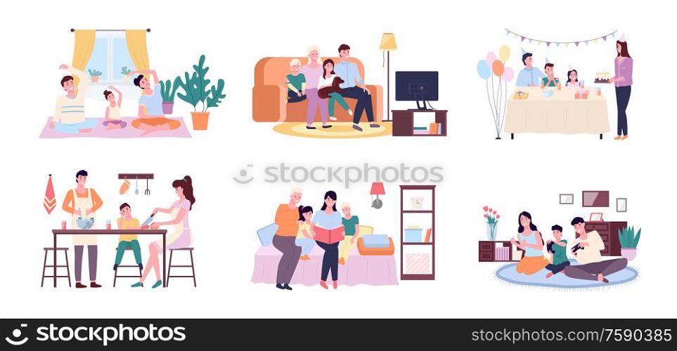 People at home vector, mother and father with kid cooking in kitchen. Birthday cake celebration, looking at photo albums, watching tv set, playing games. Family Spending Time Together, Moments of Life