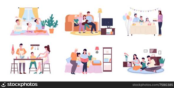 People at home vector, mother and father with kid cooking in kitchen. Birthday cake celebration, looking at photo albums, watching tv set, playing games. Family Spending Time Together, Moments of Life
