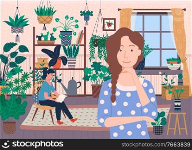 People at home vector, roommates spending time in living room flat style personage. Lady reading book sitting on chair, interior of house with plants and decor. Woman at Home, Roommates at Living Room Vector