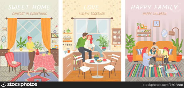 People at home vector, woman in room with comfortable furniture decorated with plants, couple in kitchen, family mother and father playing with kids, sweet home interior. Sweet Home, Comfortable House Place of Living Set