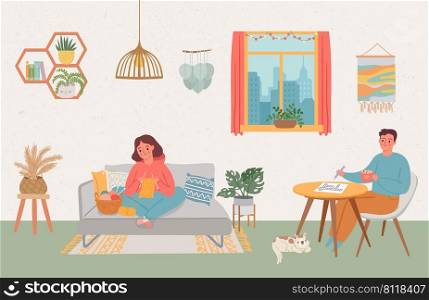 People at homes, spend weekend do hobby. Vector home for , leisure, cartoon indoor while quarantine, room with sofa, apartment to relaxing and pastime illustration. People at homes, spend weekend do hobby