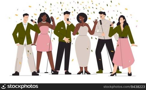 People at karaoke party. Cartoon club and bar singers and musicians, colorful entertainment and music concept. Vector illustration of club party at nightclub. People at karaoke party. Cartoon club and bar singers and musicians, colorful entertainment and music concept. Vector illustration