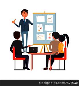 People at meeting or briefing sitting at table and discussing issues. Business presentation, speaker at board with charts pointing on growing diagrams. People, meeting or briefing sitting and discussing