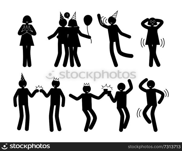 People at party in cheerful funny dynamic poses black silhouettes of men and women isolated cartoon flat vector illustrations set on white background.. People at Party in Happy Poses White Silhouettes