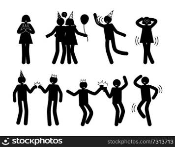 People at party in cheerful funny dynamic poses black silhouettes of men and women isolated cartoon flat vector illustrations set on white background.. People at Party in Happy Poses White Silhouettes