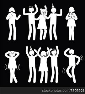 People at party in cheerful funny dynamic poses white silhouettes of men and women isolated cartoon flat vector illustrations set on black background.. People at Party in Happy Poses White Silhouettes