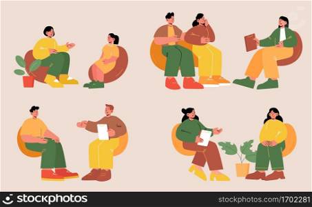 People at psychologist counseling. Patient characters communicate with doctor about mental problems. Child, family couple, men and women talking with specialist, Line art flat vector illustration, set. People at psychologist counseling, patients doctor