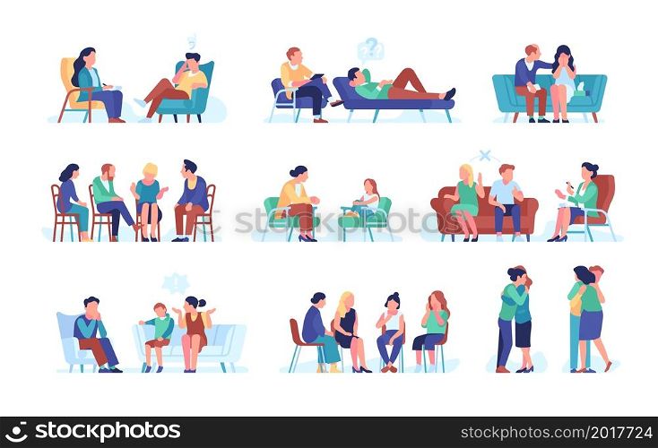 People at psychologist. Psychological consultations, moral support, assistance, depressed people with problems, couples, children and parents therapy, psychotherapy vector cartoon flat isolated set. People at psychologist. Psychological consultations, moral support, assistance, depressed people with problems, couples, children and parents therapy, psychotherapy vector isolated set