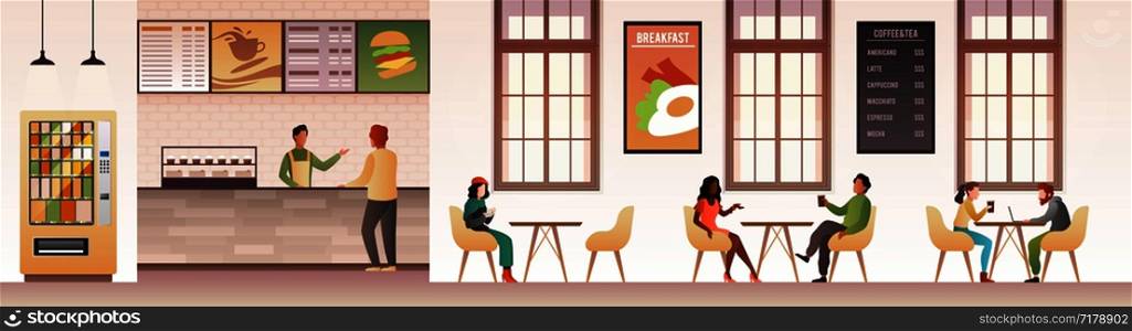 People at restaurant. Guys snacking meal in food court, family eating dinner in cafeteria or buffet interior flat vector design of modern cafe with customer and service man. People at restaurant. Guys snacking meal in food court, family eating dinner in cafeteria or buffet interior flat vector design