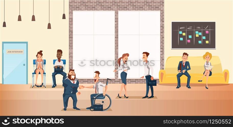 People at Shared Coworking Space, Creative Office. Team Work Together. Coworker in Casual and Formal Wear in Open Studio Interior Design. Business Meeting. Flat Cartoon Vector Illustration. People at Shared Coworking Space, Creative Office