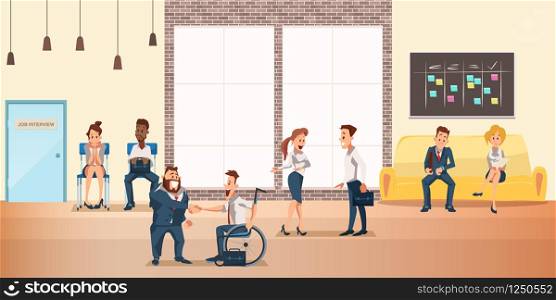 People at Shared Coworking Space, Creative Office. Team Work Together. Coworker in Casual and Formal Wear in Open Studio Interior Design. Business Meeting. Flat Cartoon Vector Illustration. People at Shared Coworking Space, Creative Office