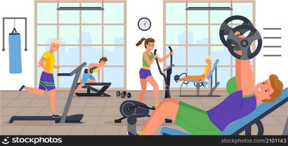 People at sport gym. Happy fitness characters in training. Athletic men and women engaged in sports simulators. Workout and stretch. Sportsmen running on treadmill or lifting dumbbells. Vector concept. People at sport gym. Fitness characters in training. Men and women engaged in sports simulators. Workout and stretch. Sportsmen running on treadmill or lifting dumbbells. Vector concept