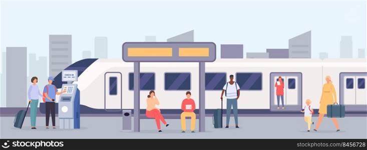 People at station. Female and male characters with luggage waiting for transport at railway station. People traveling by speed vehicle, crowd standing on modern platform vector illustration. People at station. Female and male characters with luggage waiting for transport at railway station. People traveling