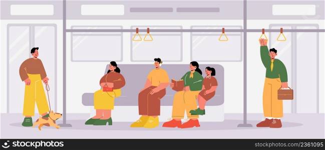 People at subway train car interior. Men, women and kids reading book, listen music, sit and stand with pets in metro wagon. Underground railway commuter with passengers, Line art vector illustration. People at subway train car interior, passengers