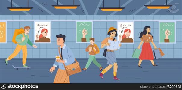People at subway, underground crossing or metro station. Passerby characters men, women and kids walk through tunnel. Tourist with map, pedestrians, teen on skateboard, Line art vector illustration. People at subway, underground crossing, metro