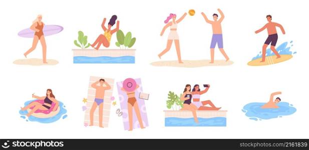 People at summer vacation, swimming, surfing and sunbathing at sea beach. Man and woman characters in swimsuits play volleyball vector set. Friends taking photo in pool, girl in rubber ring. People at summer vacation, swimming, surfing and sunbathing at sea beach. Man and woman characters in swimsuits play volleyball vector set