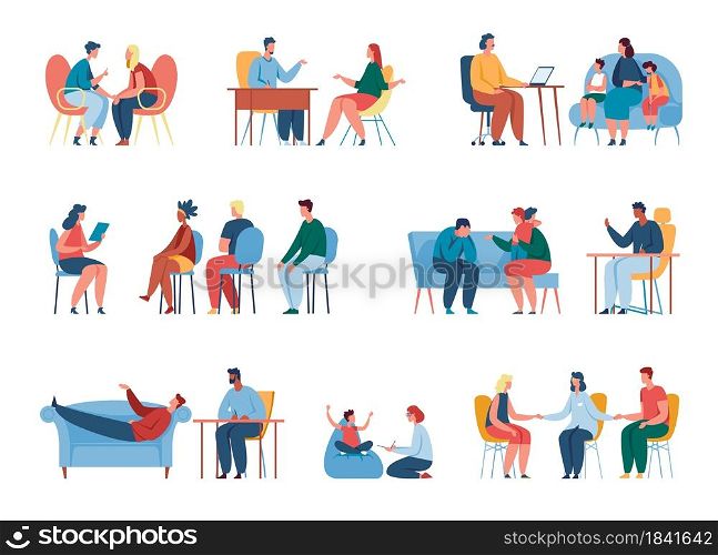 People at therapy session with psychologist, counseling psychology. Professional psychotherapist talking to patient, children therapy vector set. Appointment at doctor office providing medical help. People at therapy session with psychologist, counseling psychology. Professional psychotherapist talking to patient, children therapy vector set