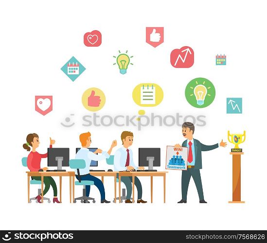 People at work, business conference vector. Coworkers sitting by table listening to boss, seminar of businessman. Icons with likes and thumbs up. Coworkers and Businessman with Trophy Award
