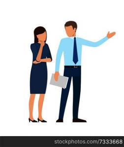 People at work business, poster with leader and woman, thinking about proposition of man, meeting and discussion, isolated on vector illustration. People at Work Business Poster Vector Illustration
