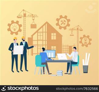 People at work, engineers working on new project supervisors looking at planning and construction. Male designers working on laptops by desk. Vector illustration in flat cartoon style. Engineers People Supervising Building Process